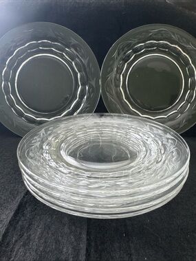 Set of 5 Fostoria Raleigh Crystal Clear 7 1/2” Salad Plates w/ Etched Lilies